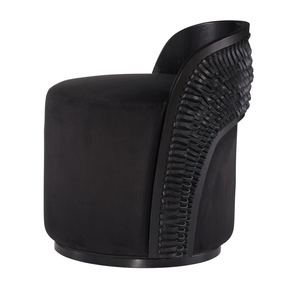 Black chair with unique backrest design on a white background