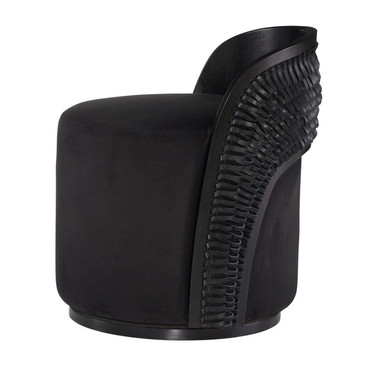 Black chair with unique backrest design on a white background