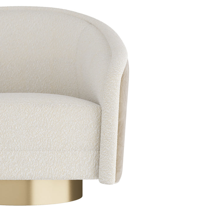 Close-up of a beige upholstered chair with a white background