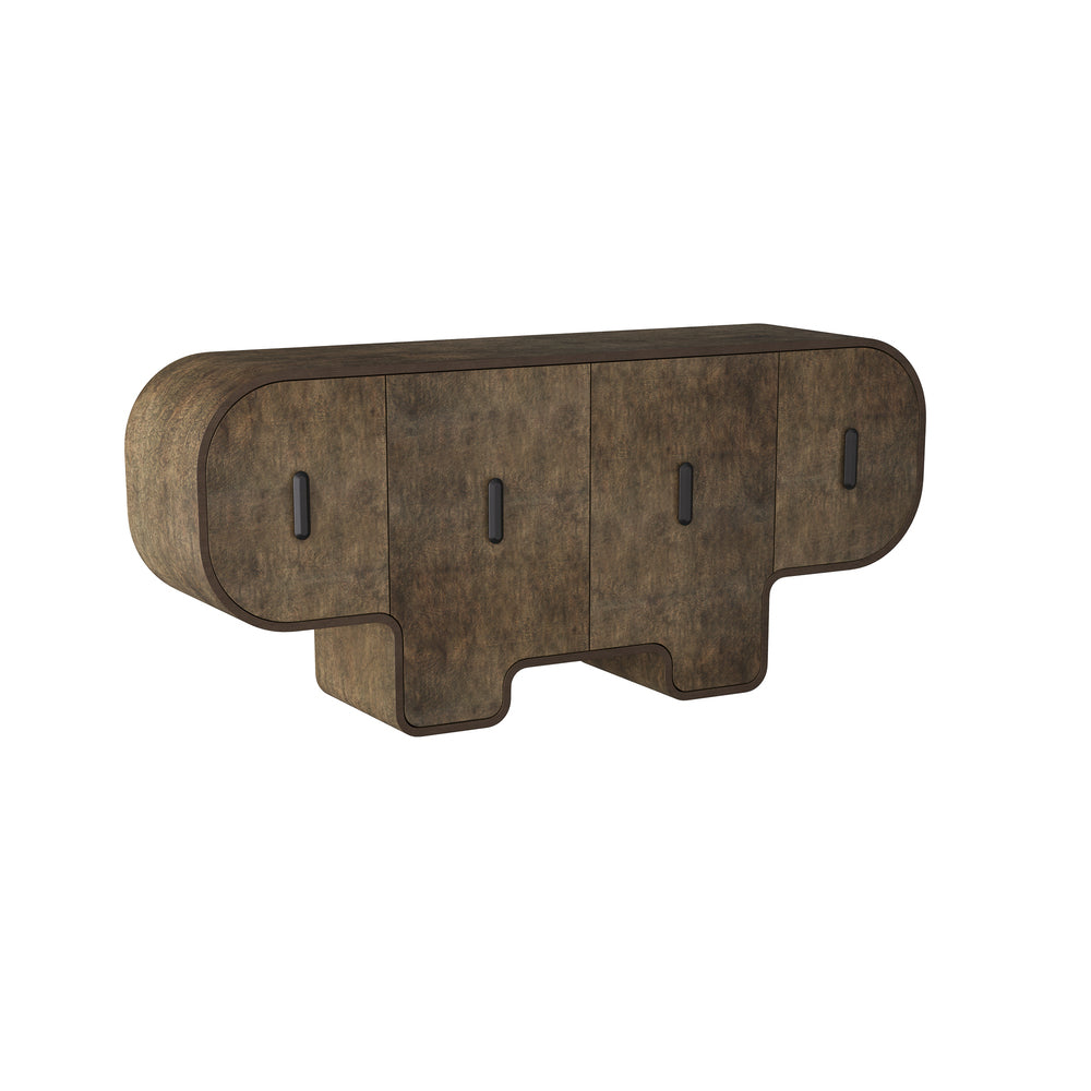 Wooden sideboard table with a rustic finish on a white background