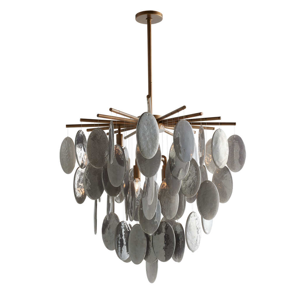 Chandelier with metallic finish and circular glass shades on a white background