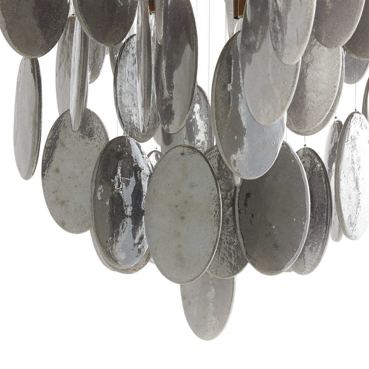 Close-up of a silver disc chandelier with a white background