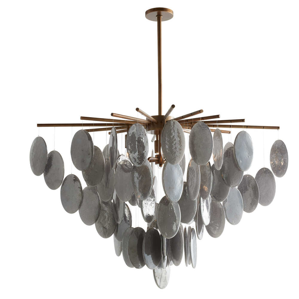 Chandelier with metallic finish and circular glass elements on a white background