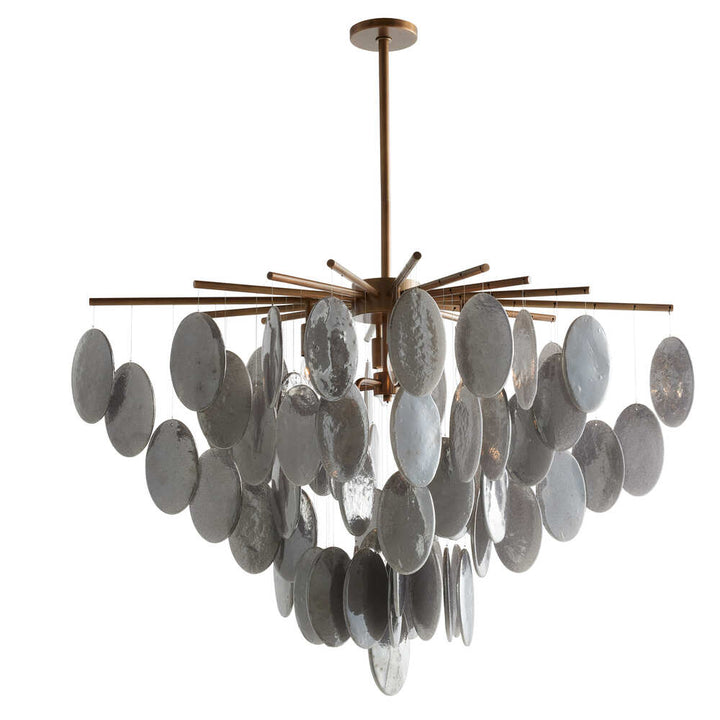 Chandelier with metallic finish and circular glass elements on a white background