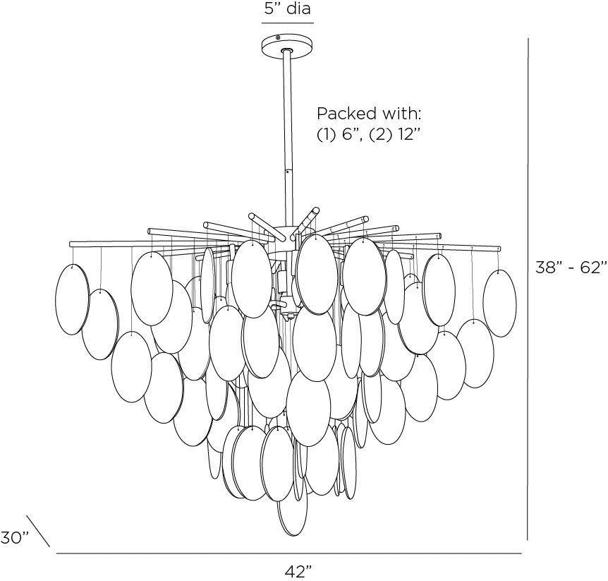 Line drawing of a chandelier with dimensions labeled