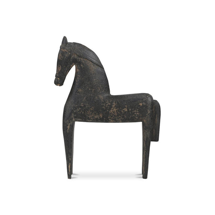 Black wooden horse sculpture on a white background