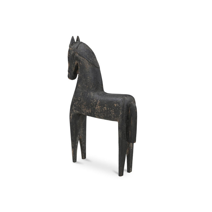 Black wooden horse sculpture on a white background