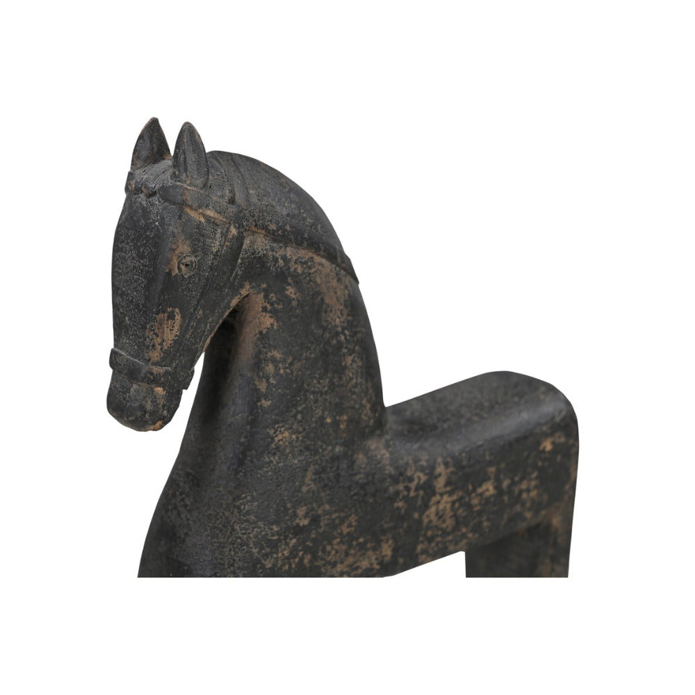 Decorative horse sculpture with a rustic finish on a white background