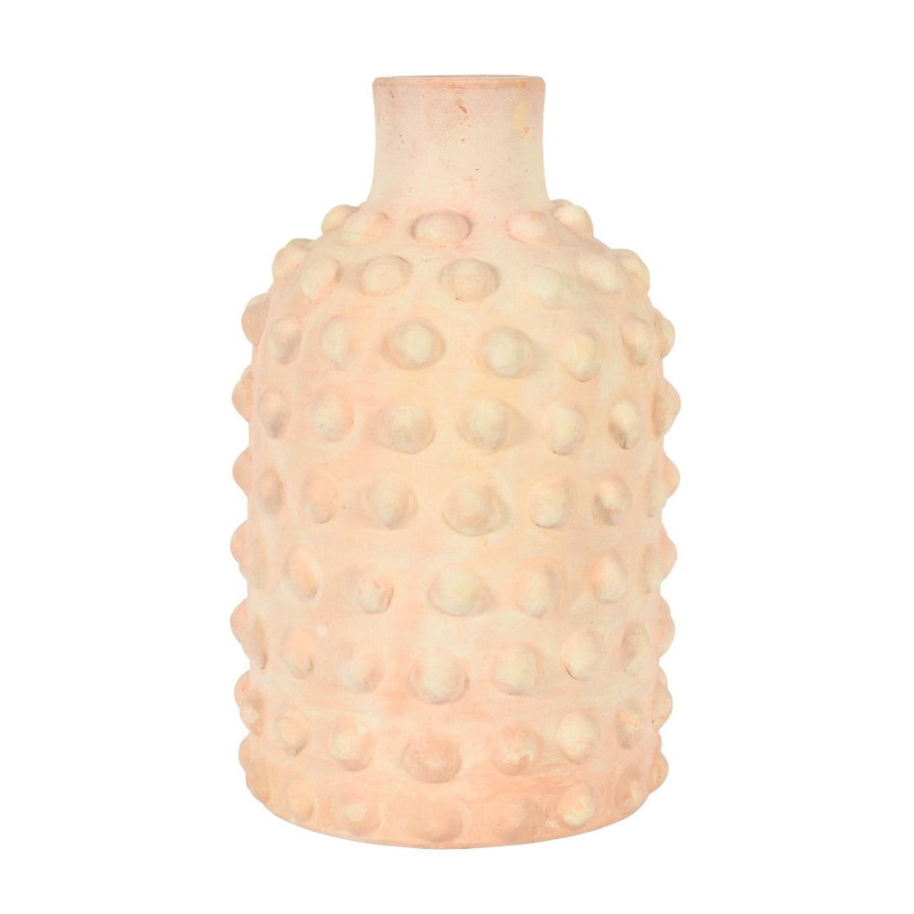 Terracotta vase with textured surface on a white background