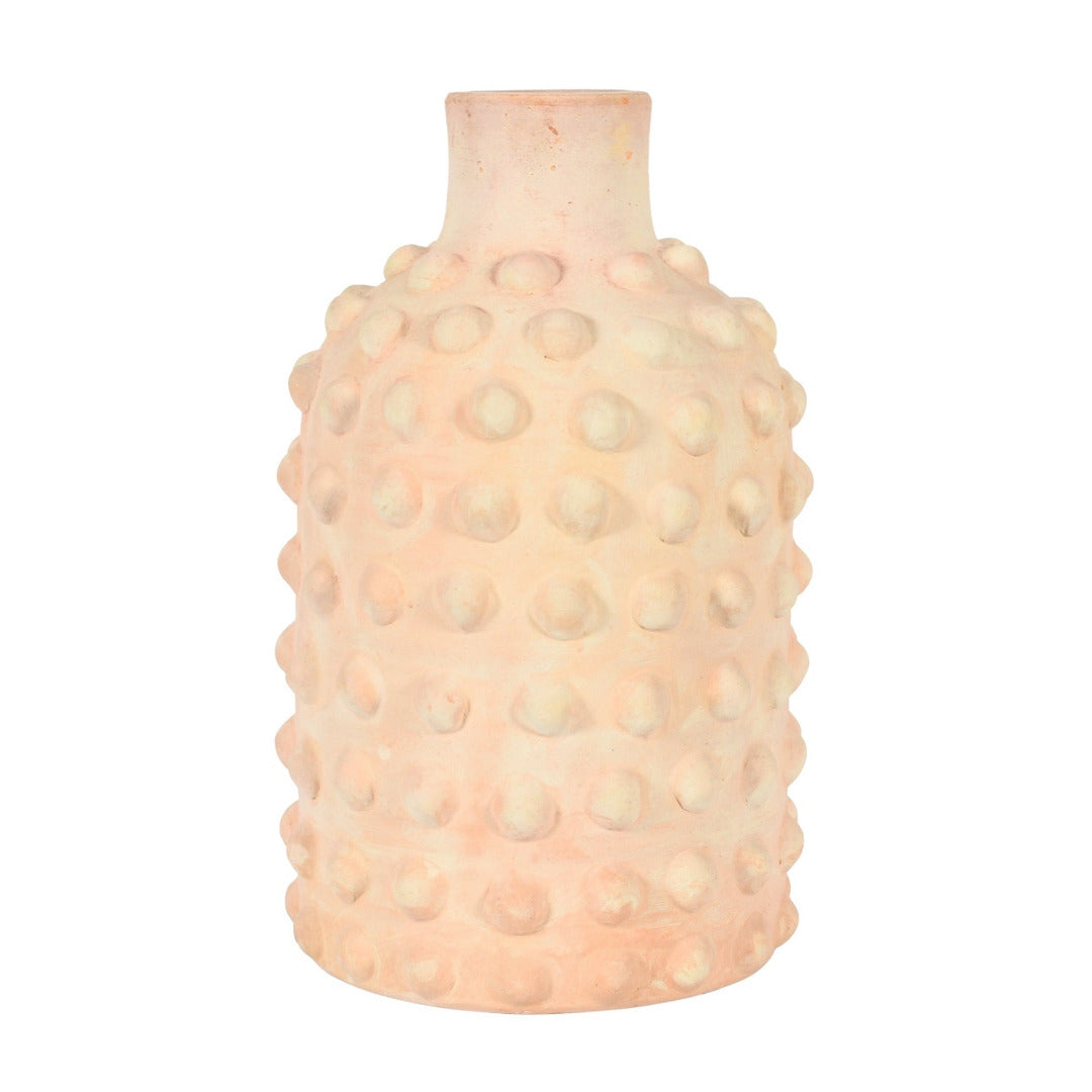 Terracotta vase with textured surface on a white background