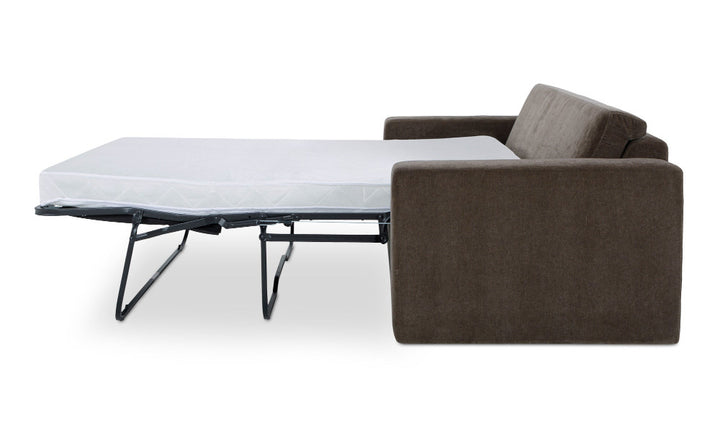 Brown sectional sofa with a white mattress on a white background