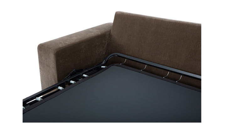 Brown fabric sofa bed with a black metal frame on a white background