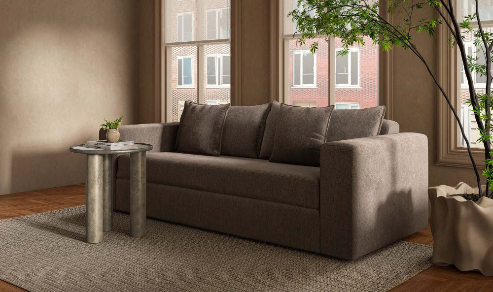 Brown sofa in a living room with a small table and plant