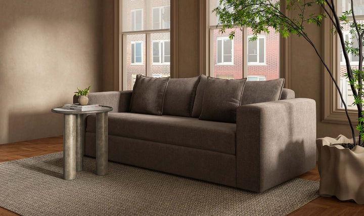 Brown sofa in a living room with a small table and plant