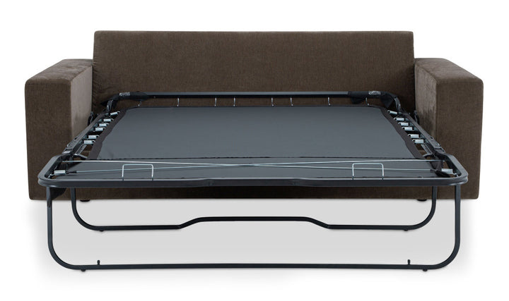 Brown sofa bed with a black metal frame on a white background