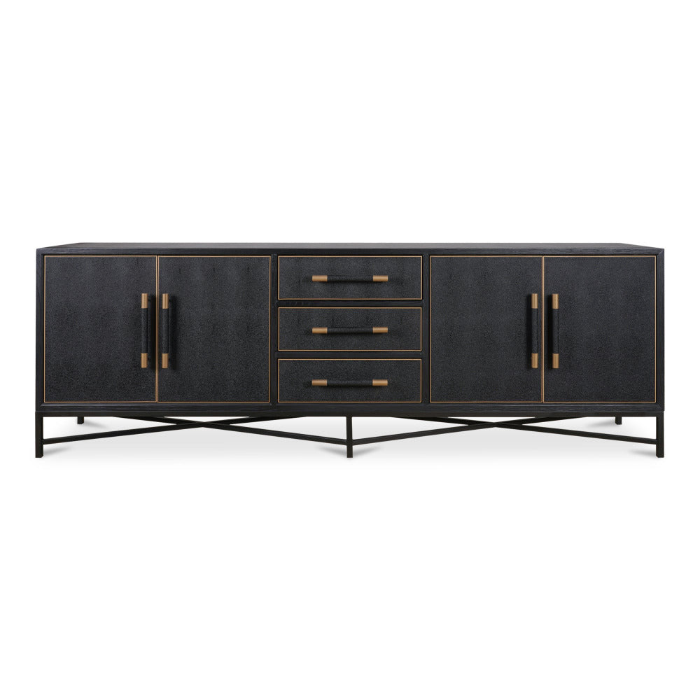 Black sideboard with bronze handles on a white background