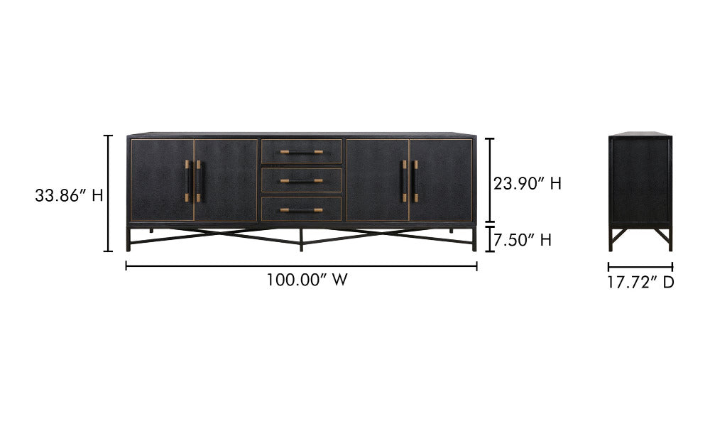Dimensions of a black sideboard with gold handles on a white background