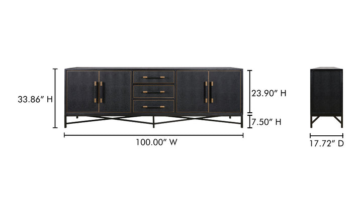 Dimensions of a black sideboard with gold handles on a white background