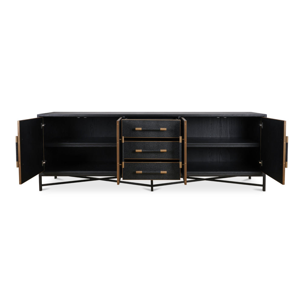 Black sideboard with open doors on a white background