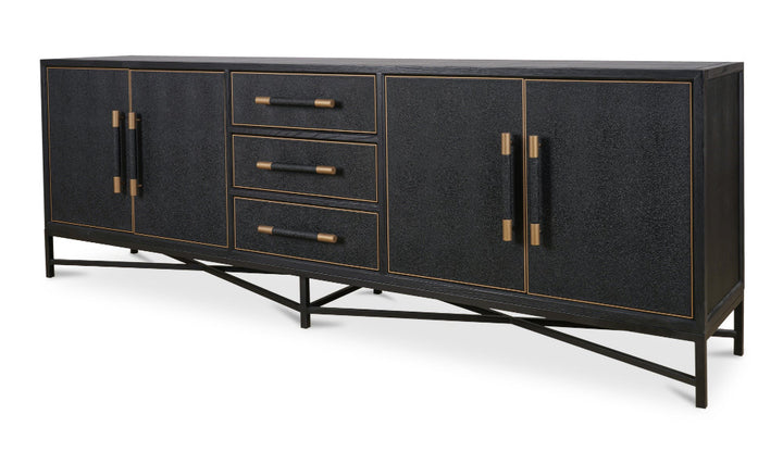 Black sideboard with gold accents on a white background