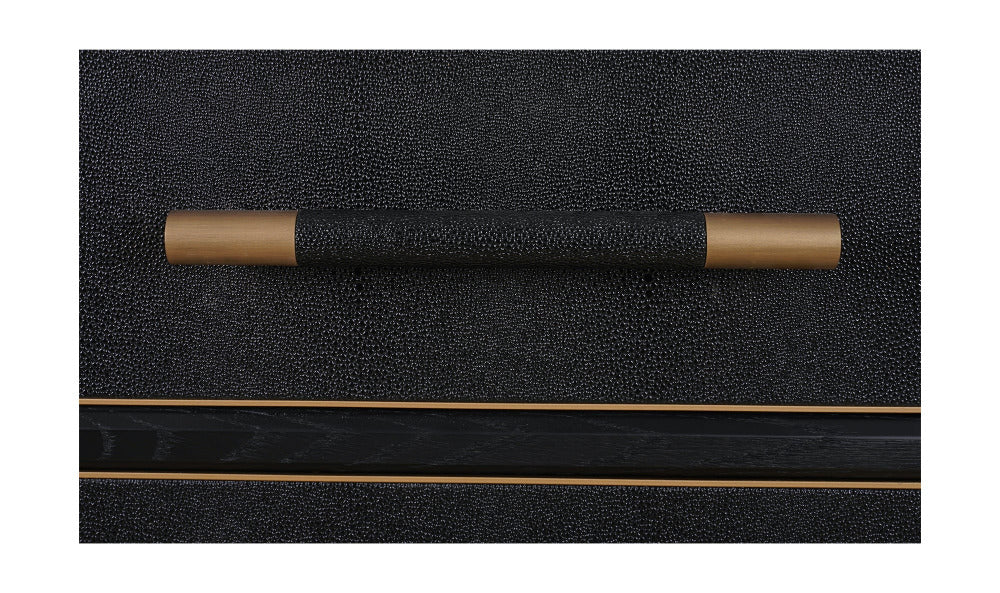 Close-up of Black textured sideboard with gold accents on a white background