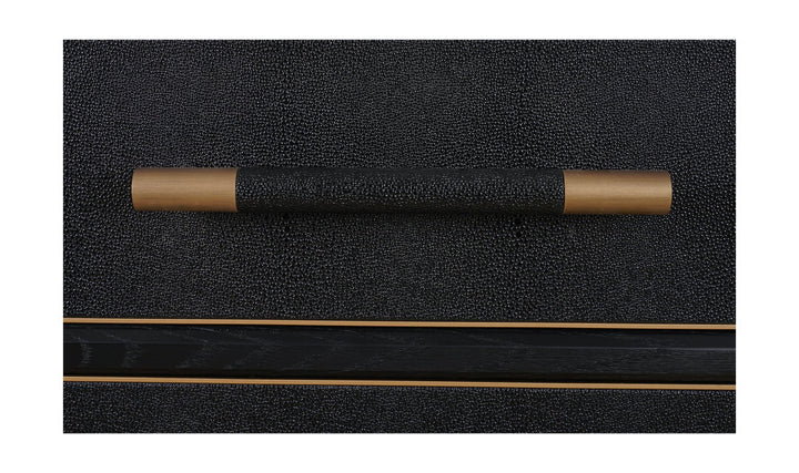 Close-up of Black textured sideboard with gold accents on a white background