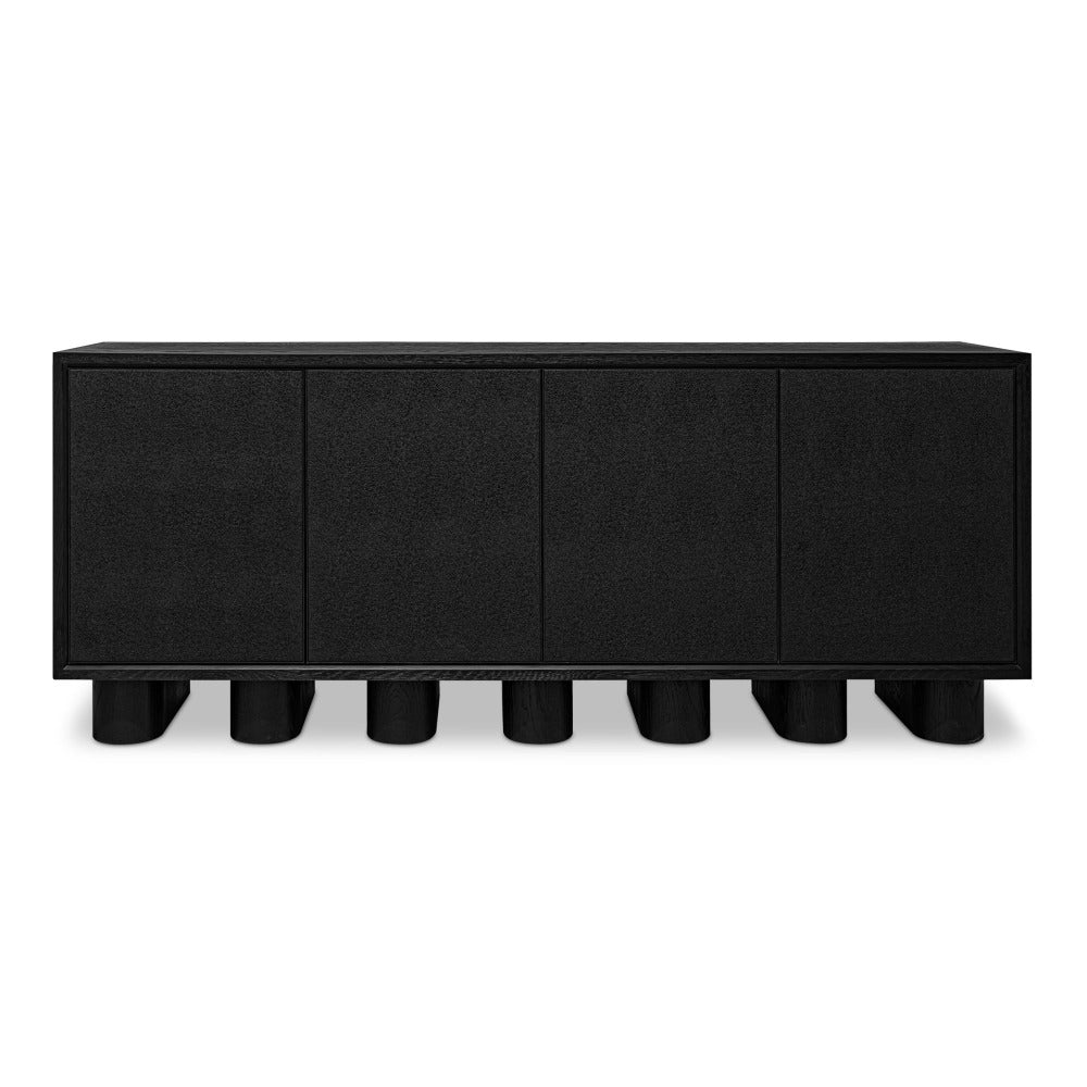 Black sideboard with four doors and six legs on a white background