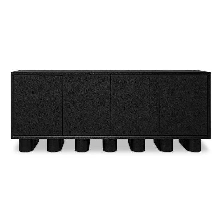 Black sideboard with four doors and six legs on a white background