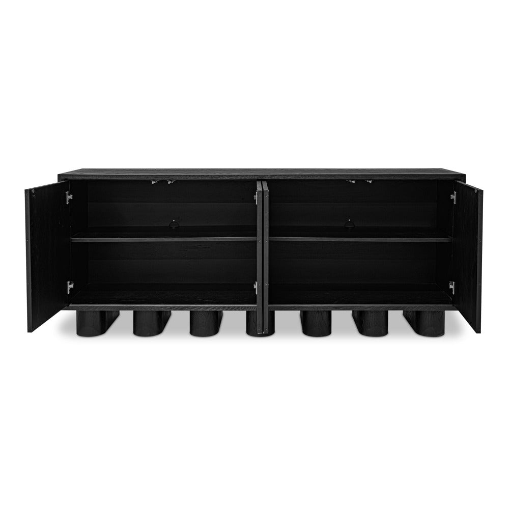 Black sideboard with open doors on a white background