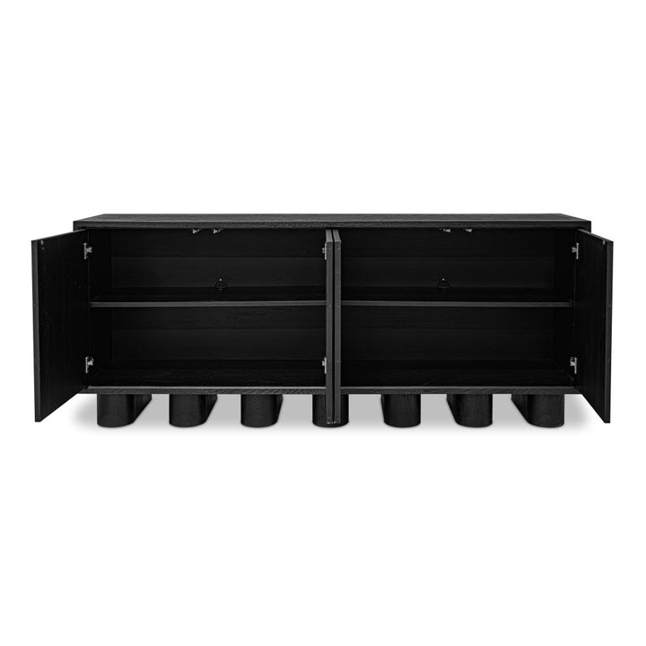 Black sideboard with open doors on a white background