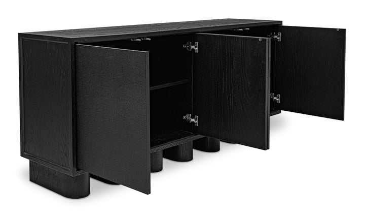 Black sideboard with open doors on a white background