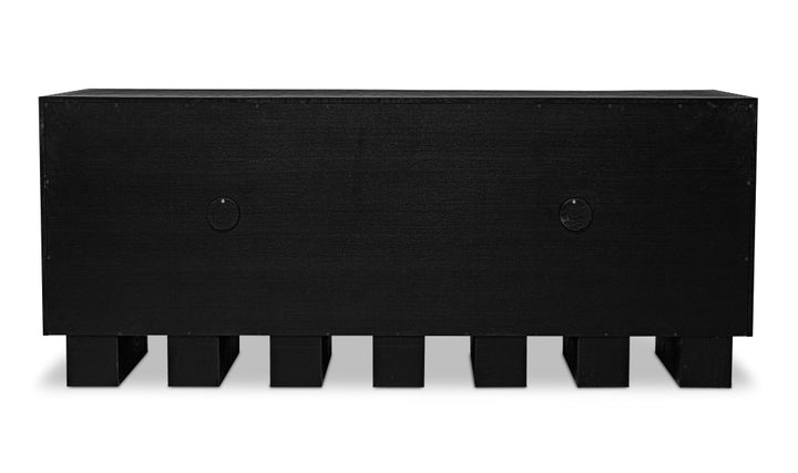 Black rectangular sideboard with textured surface on a white background