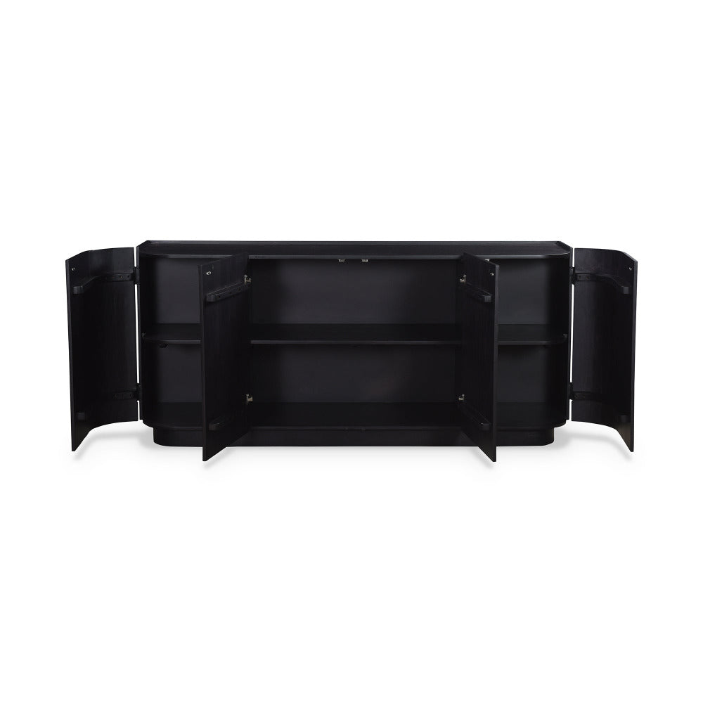 Black sideboard with open doors on a white background
