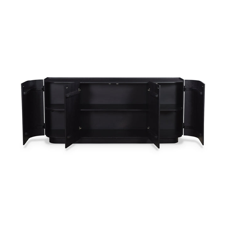 Black sideboard with open doors on a white background