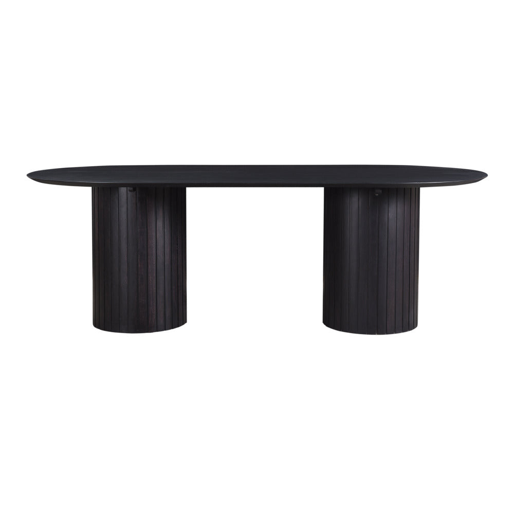 Black oval table with cylindrical legs on a white background