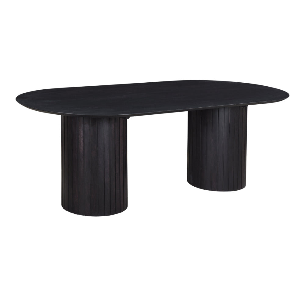 Black oval table with cylindrical legs on a white background