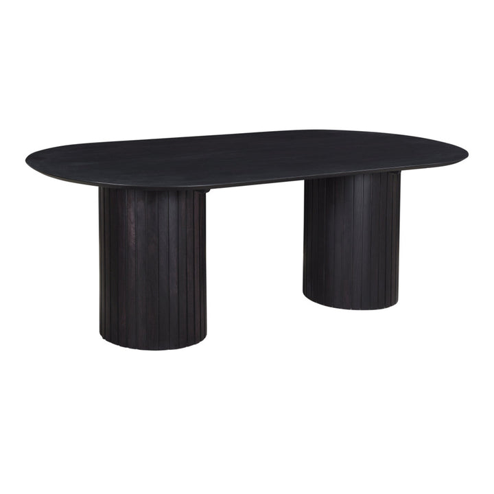 Black oval table with cylindrical legs on a white background