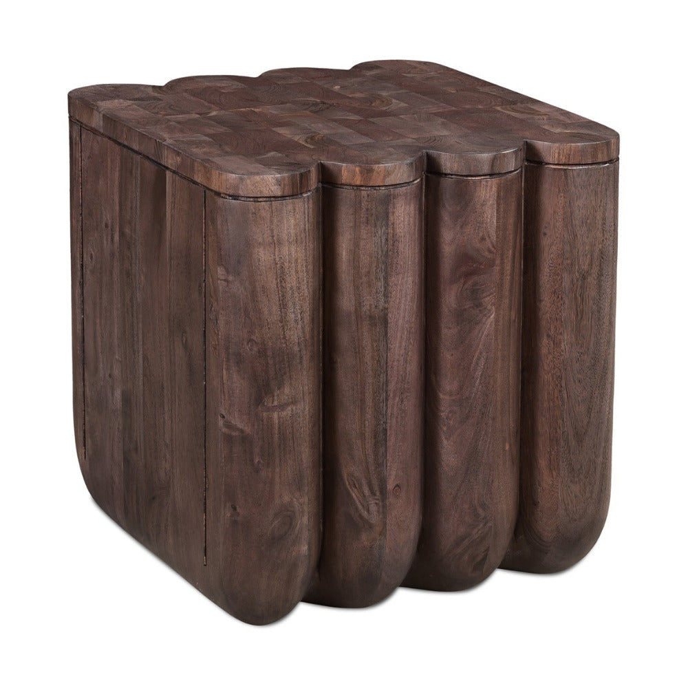 Wooden side table with a natural finish on a white background