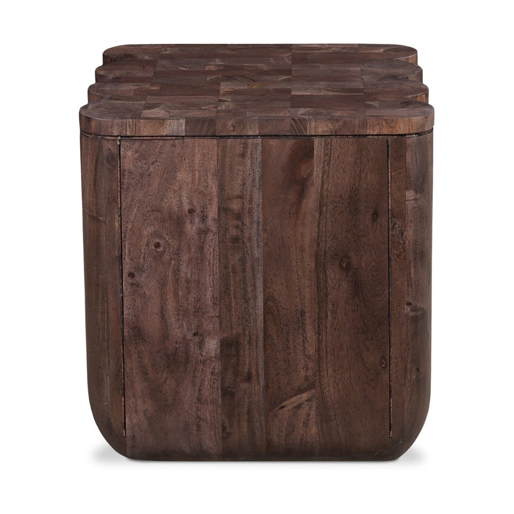 Wooden side table with a rustic finish on a white background