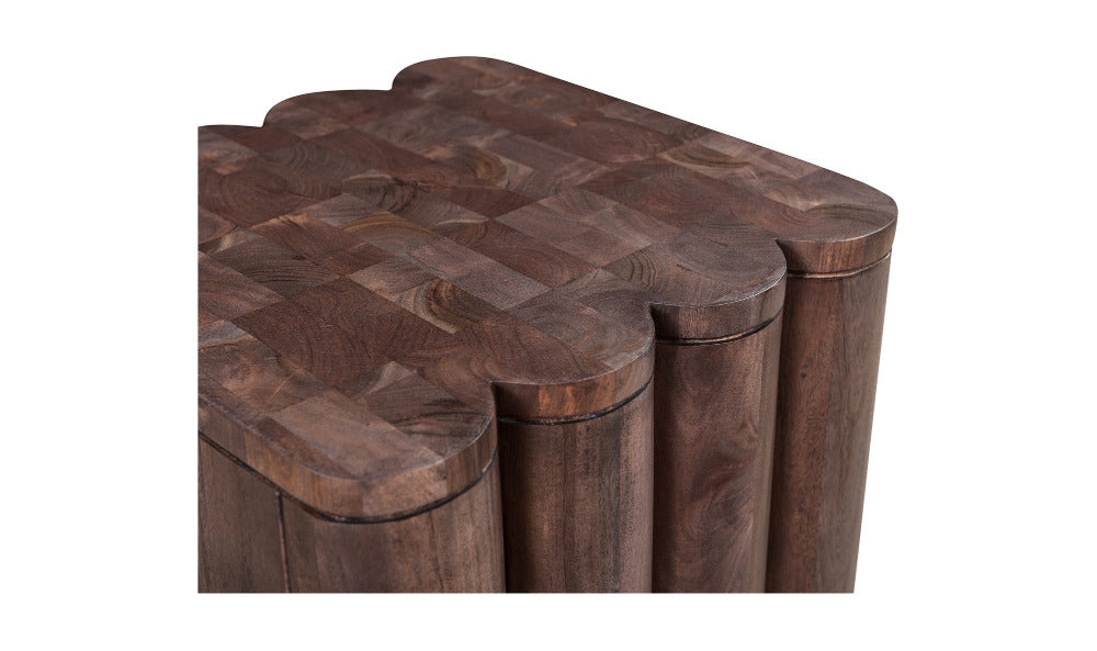 Wooden side table with a unique design on a white background