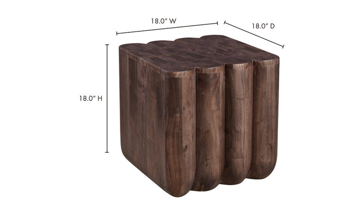 Wooden side table with dimensions labeled on a white background