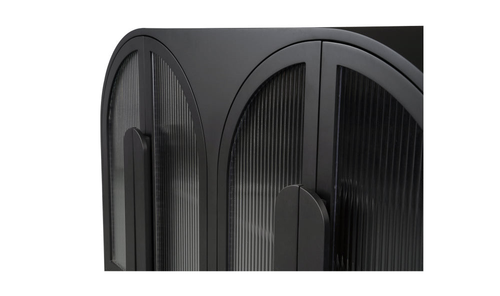 Close-up of a black sideboard with a white background