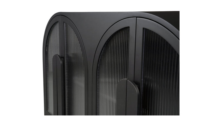 Close-up of a black sideboard with a white background