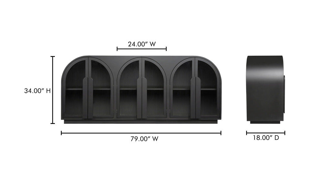 Black sideboard with dimensions labeled on a white background