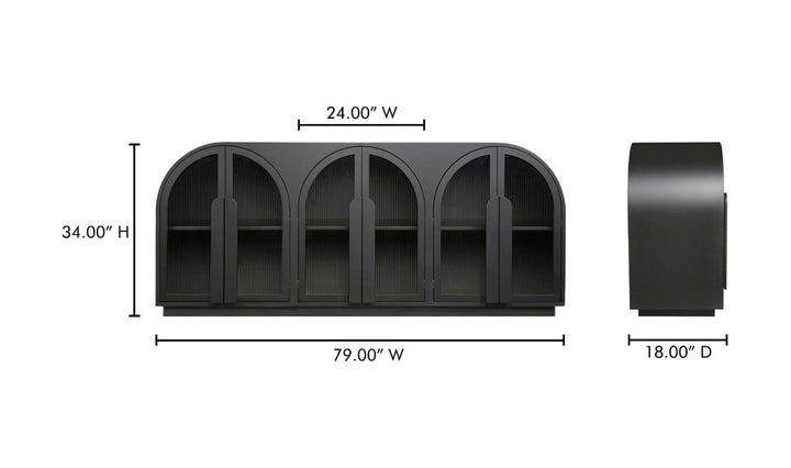 Black sideboard with dimensions labeled on a white background