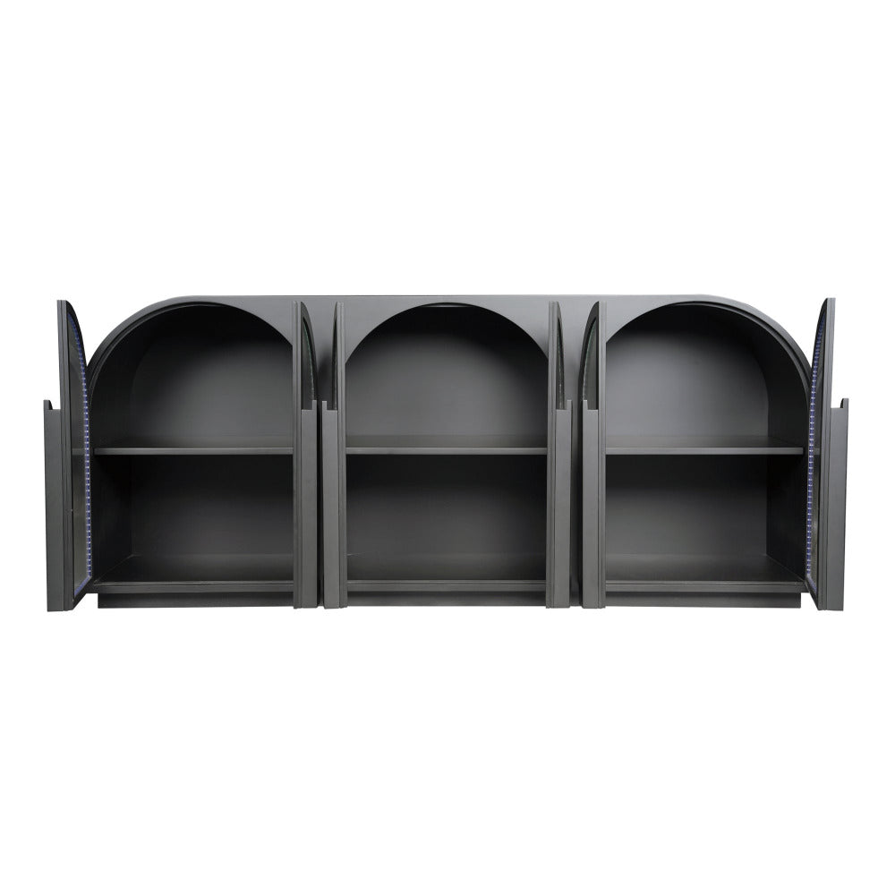 Black sideboard with open doors on a white background