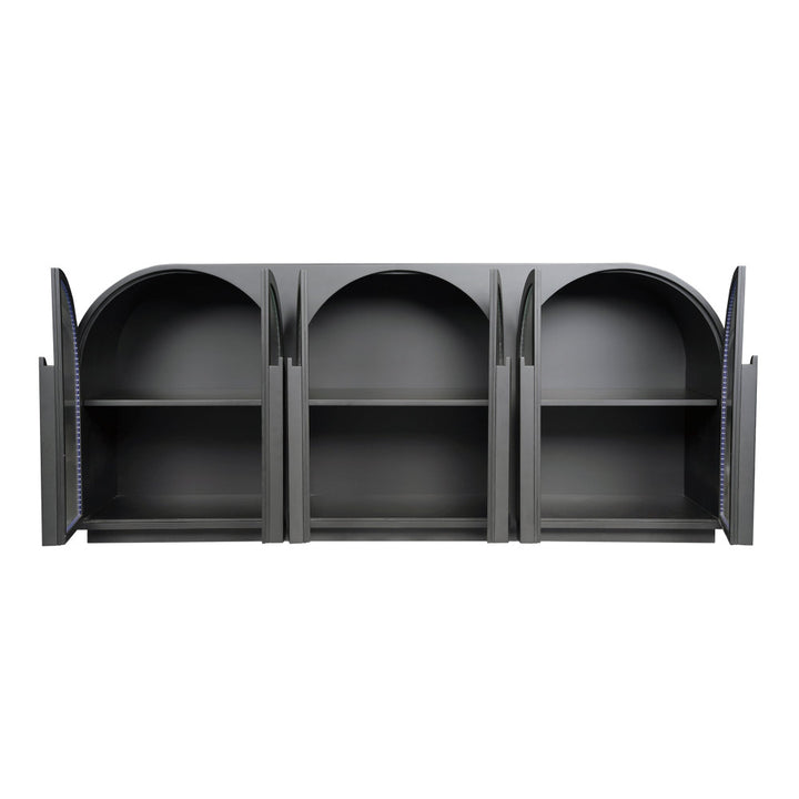 Black sideboard with open doors on a white background