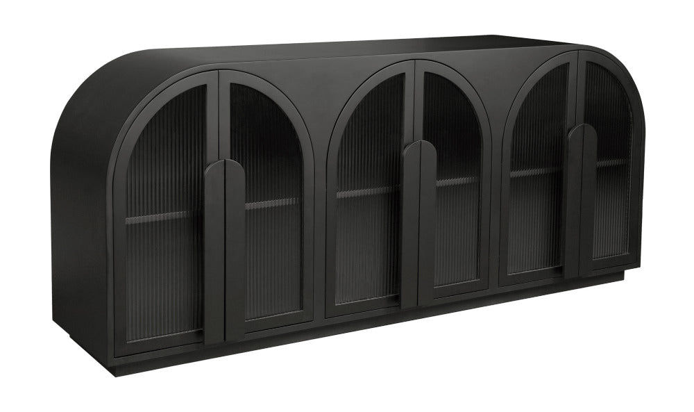 Black sideboard with multiple compartments on a white background