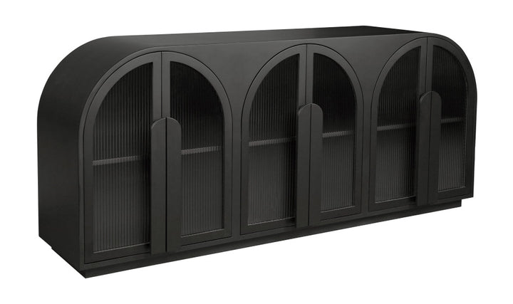Black sideboard with multiple compartments on a white background