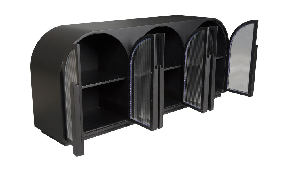 Black sideboard with open doors on a white background